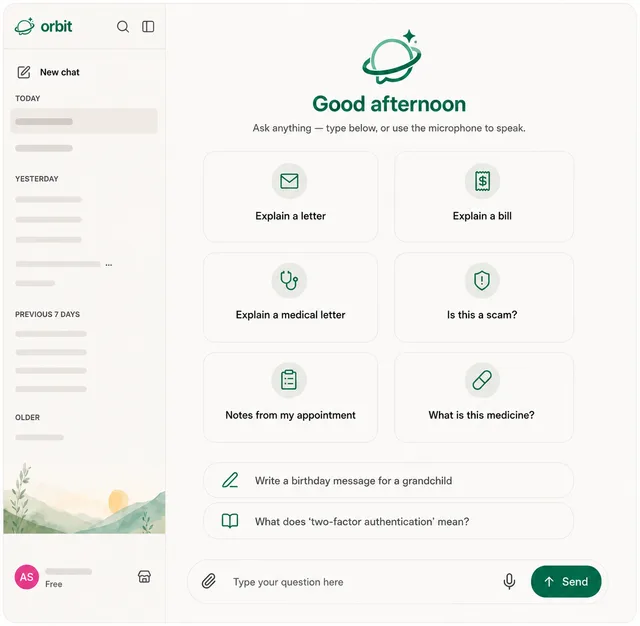 Orbit home with letter, bill, and scam-check cards, and a speak-or-type bar