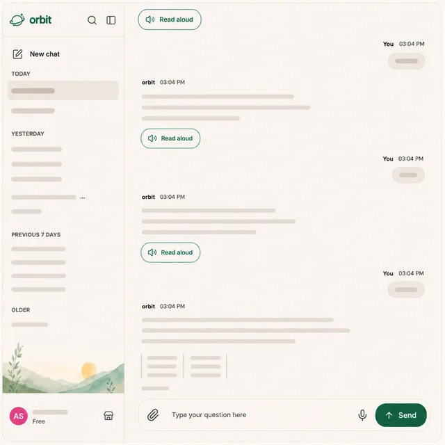 Orbit chat thread with read-aloud replies and the sidebar of recent conversations