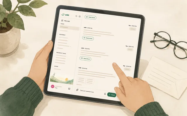 A person using Orbit on a tablet beside a letter and reading glasses